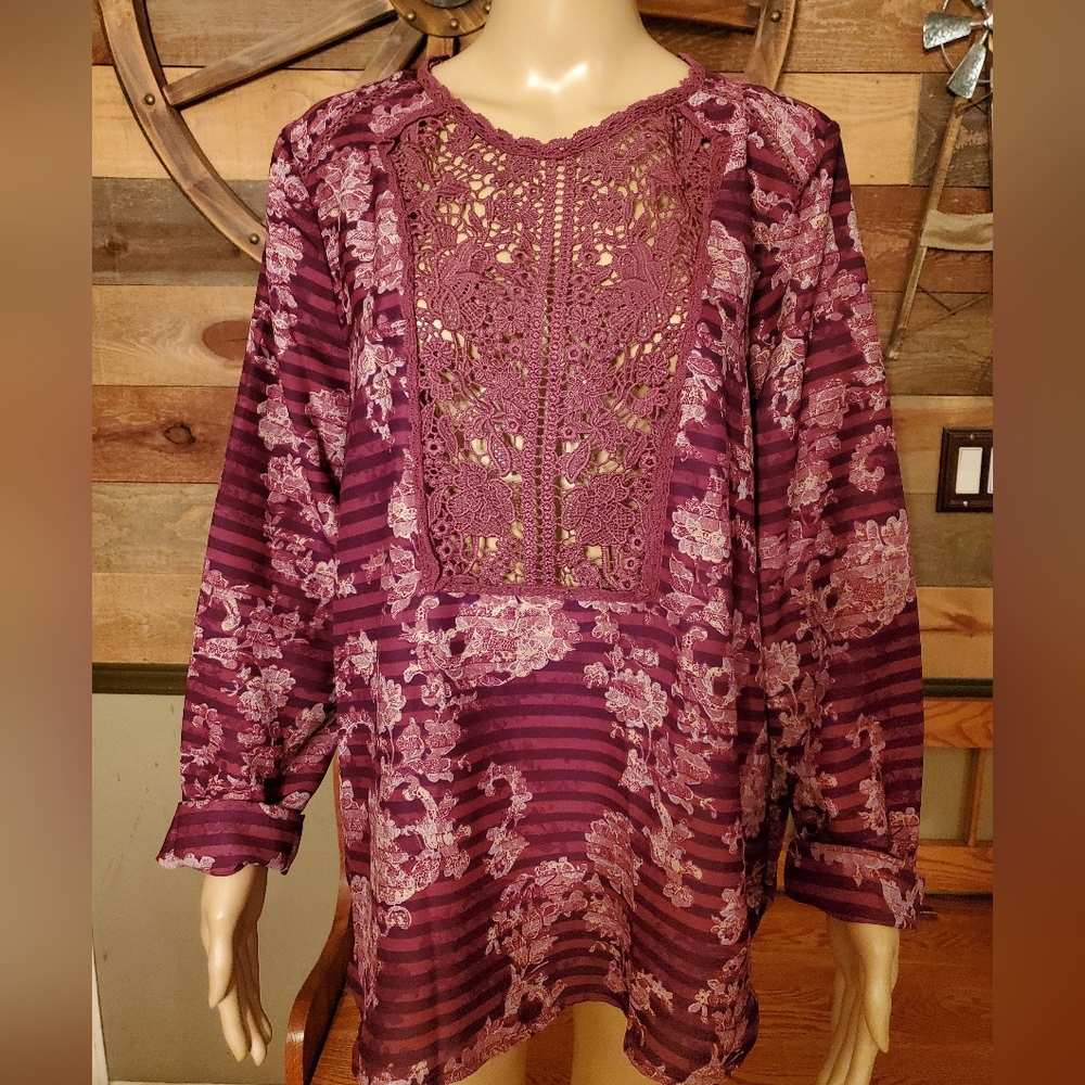 American Vintage Purple Floral/Stripes Lace Long Sleeve Blouse - Picture 2 of 10